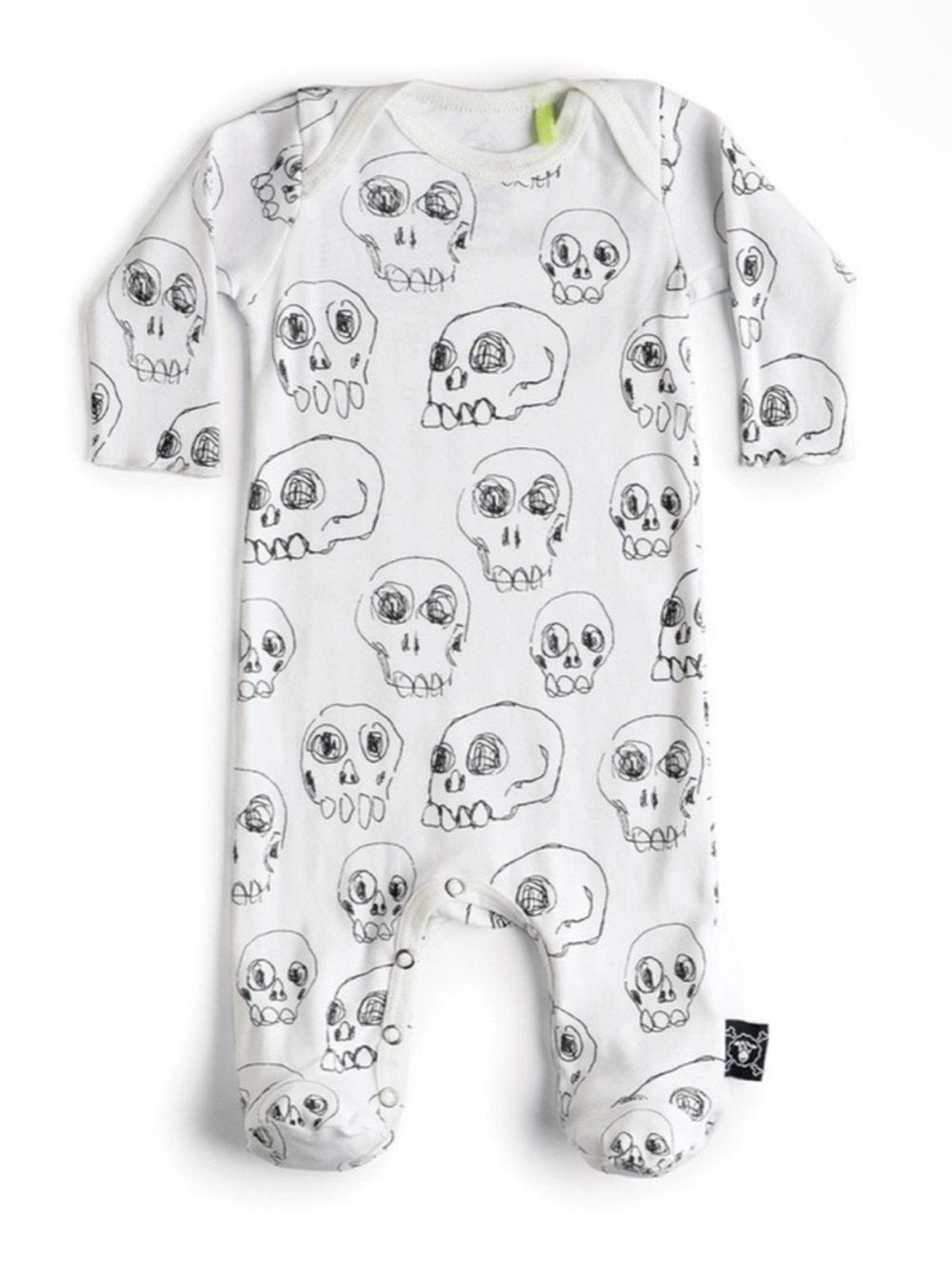 nununu White Footed Onesie One-Piece with Black Skull Sketches 3-6 Month